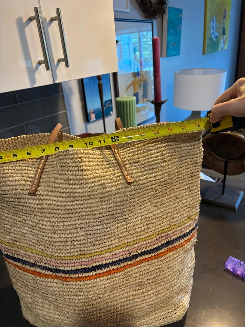 Hat Attack Raffia Straw Tote Multicolor Stripe Leather Handles Boho Beach Bag